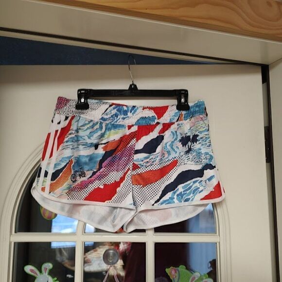 Adidas White Red Blue Designed Shorts Size Women's L Worn 1 Time - Picture 1 of 3
